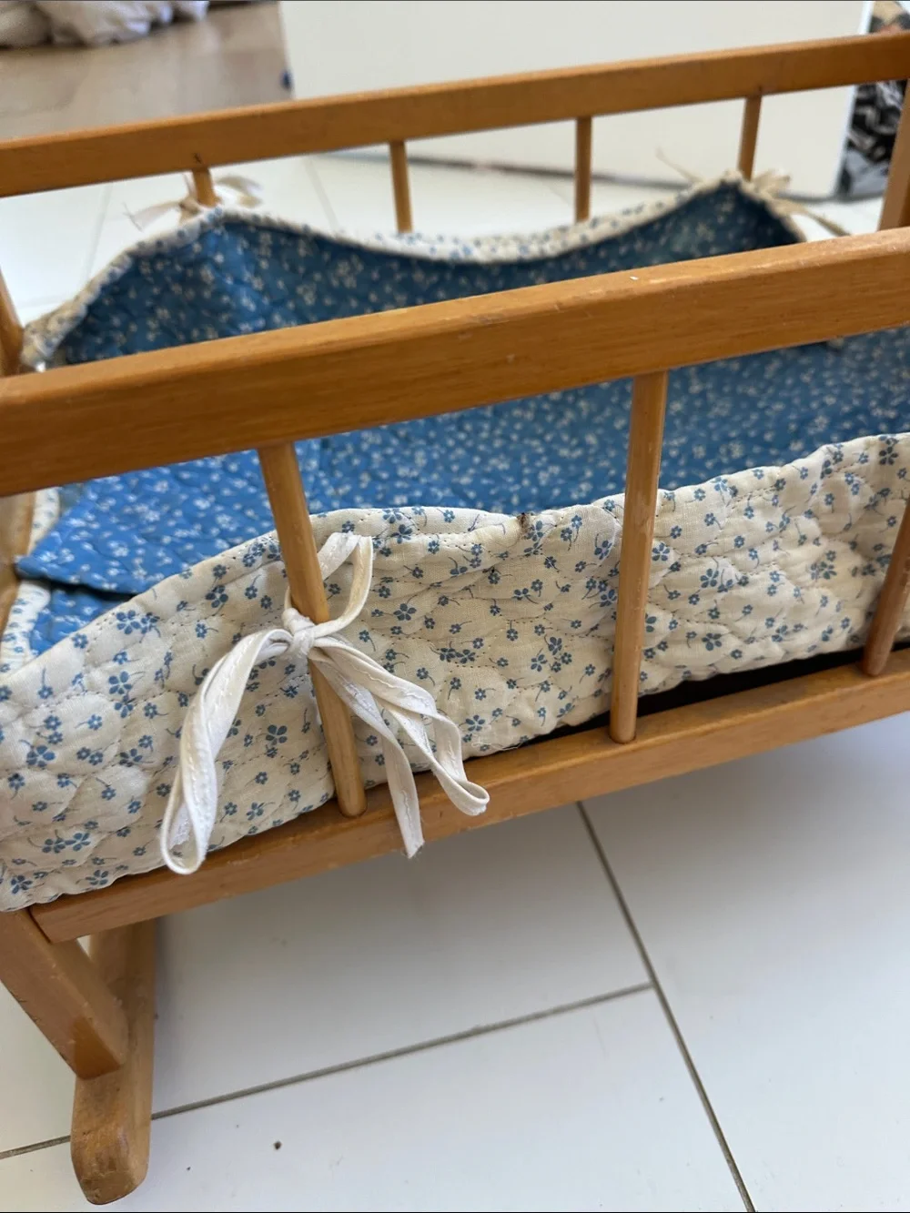 Vintage Blue Floral Crib Liner for Doll Cradle - Blue wooden